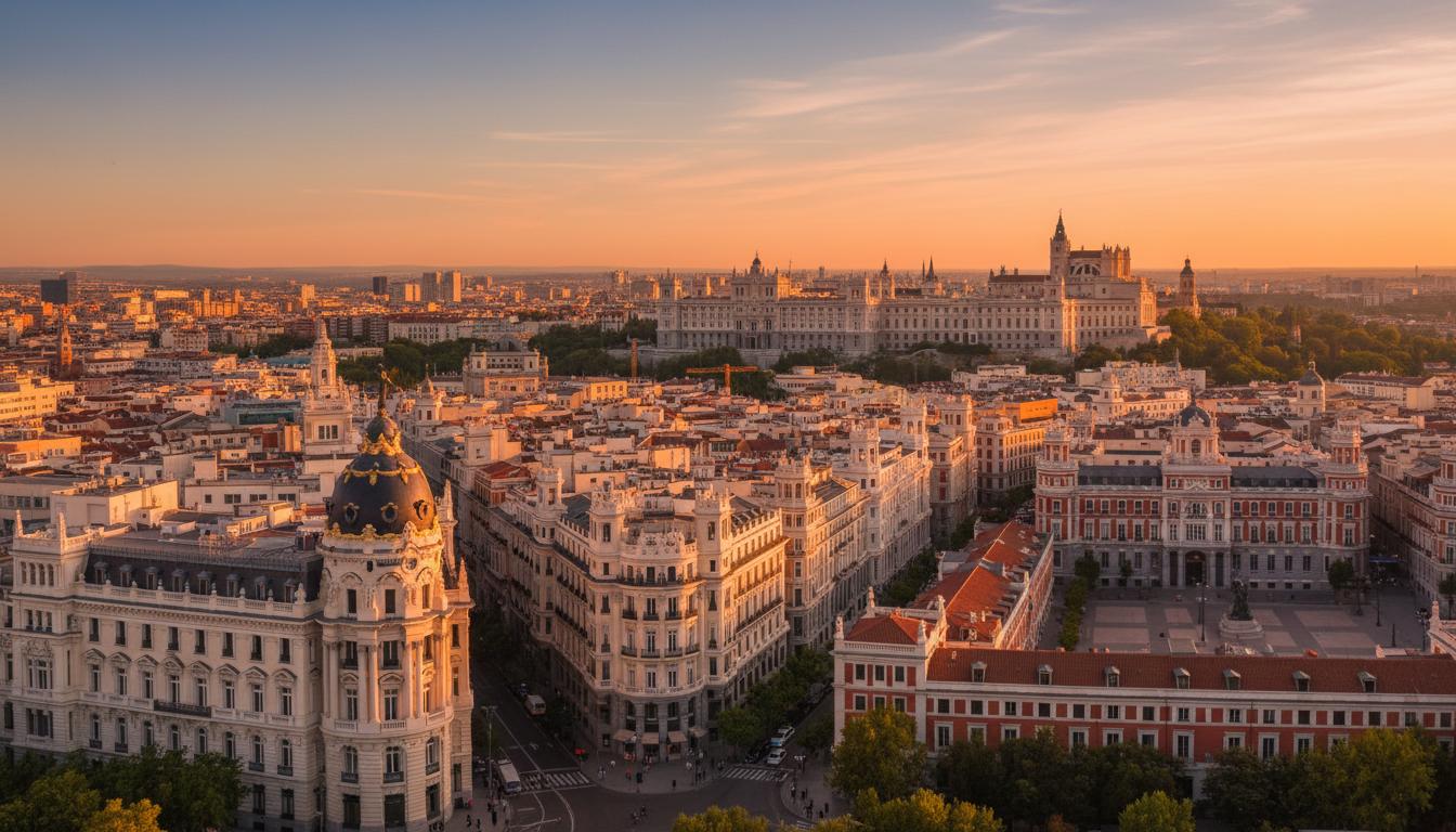 Madrid cityscape with Royal Palace at sunset